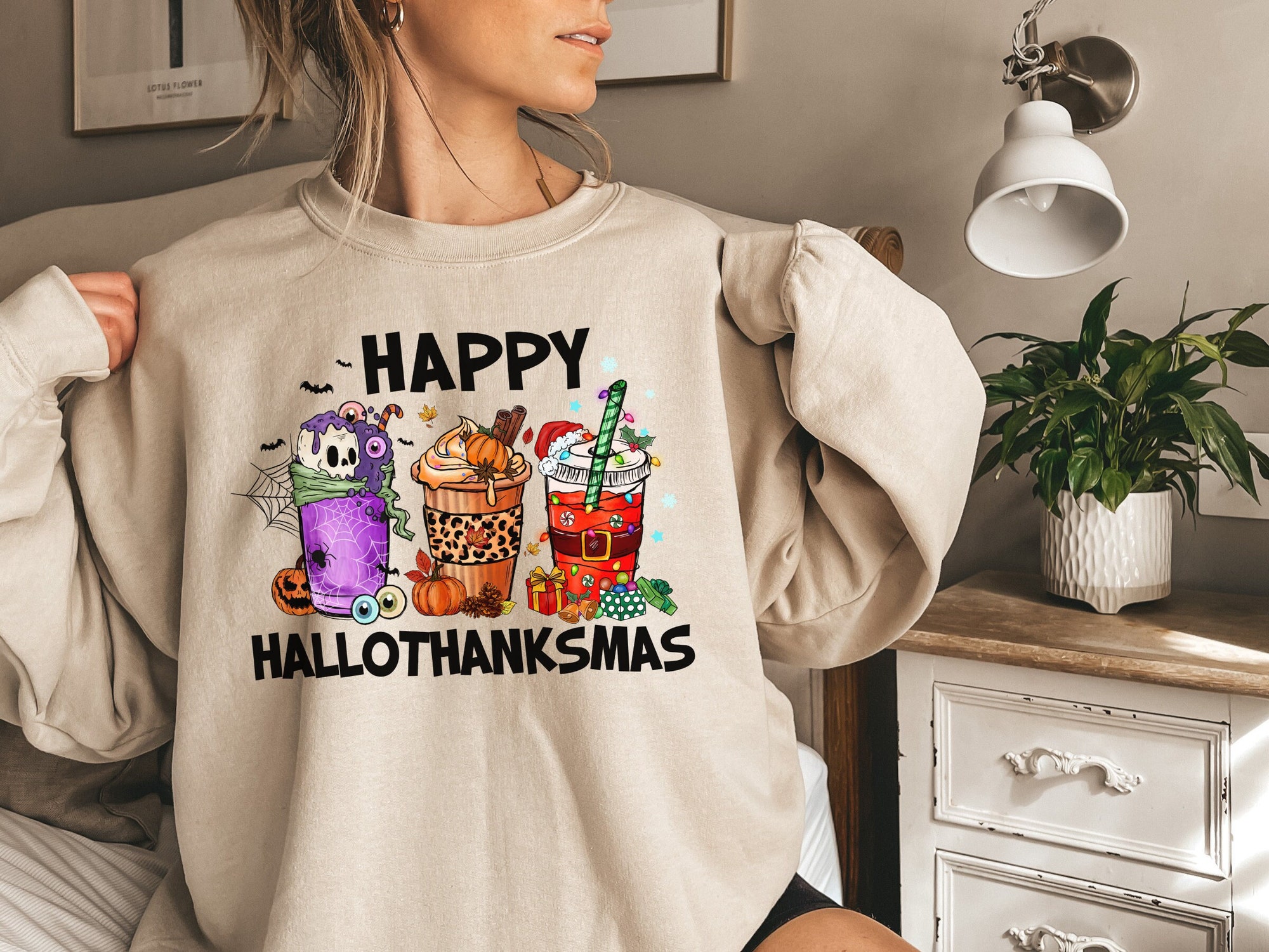 Happy Hallothanksmas Sweatshirt - Festive Holiday Season Style Christmas Tee image 0