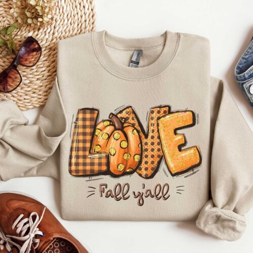 Love Fall Y'All Sweatshirt Halloween Shirt Hello Pumpkin Fall Vibes Family Thanksgiving Tee image 0