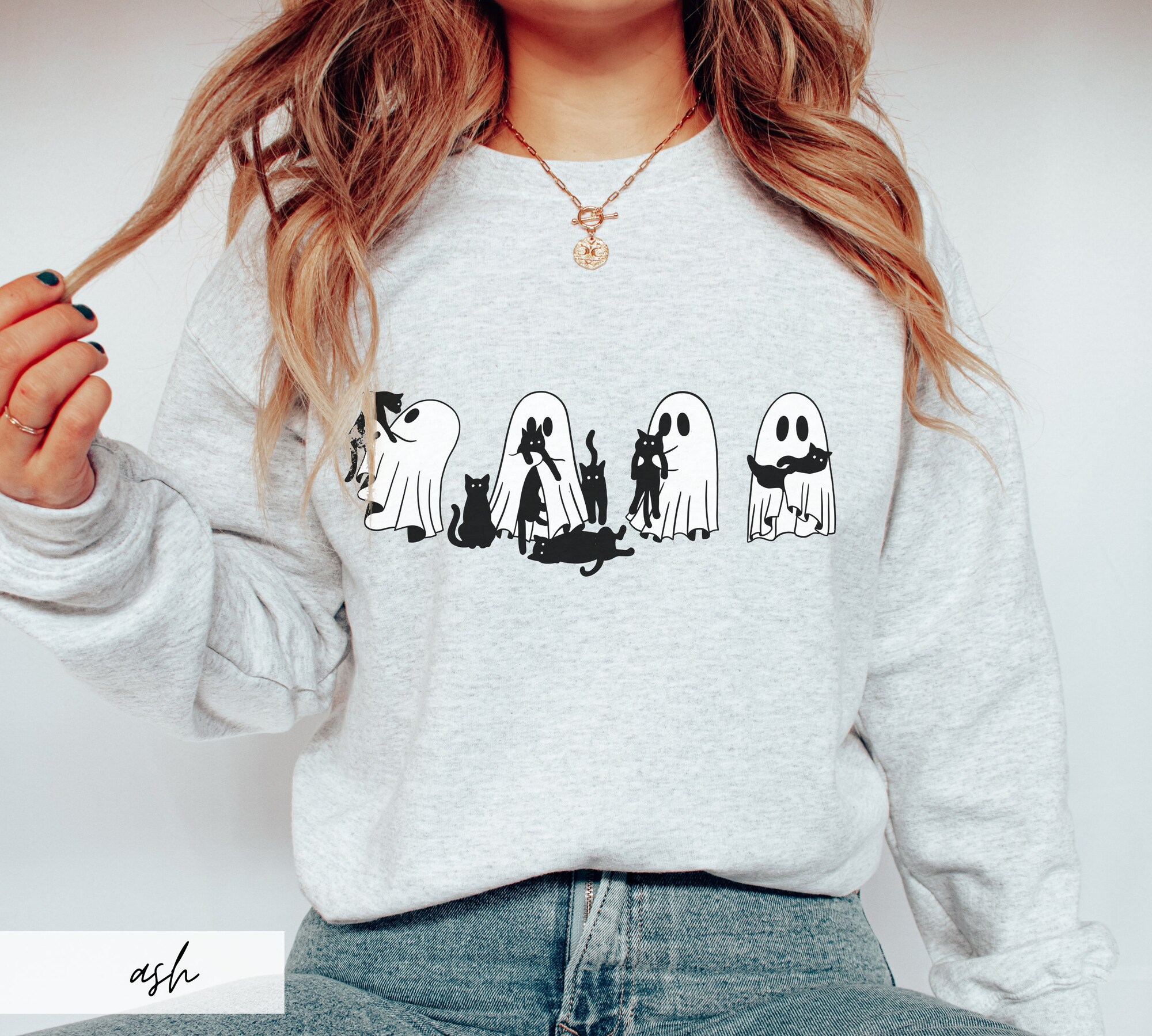 Ghosts with Cats Sweater: Cute Black Cat Lover Halloween Sweatshirt for Cat Moms image 3