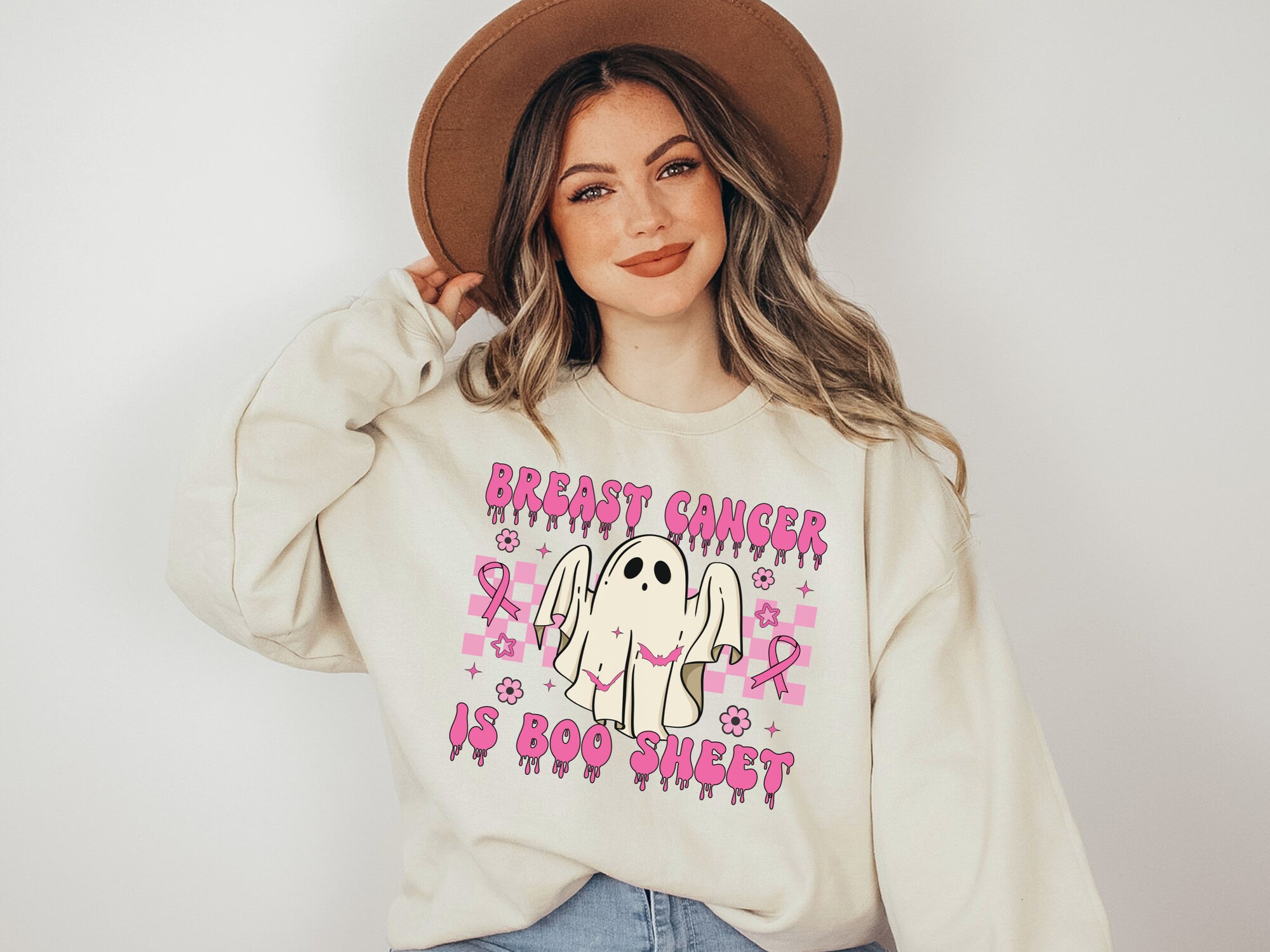 Breast Cancer Is Boo Sheet Sweatshirt - Funny Halloween Cancer Warrior Gift image 2