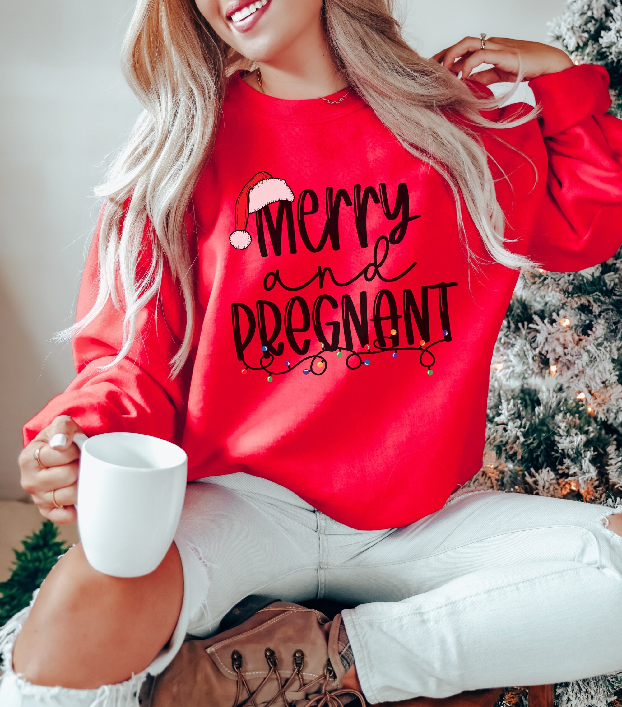 Merry & Pregnant Announcement Sweatshirt Christmas Baby Reveal image 2