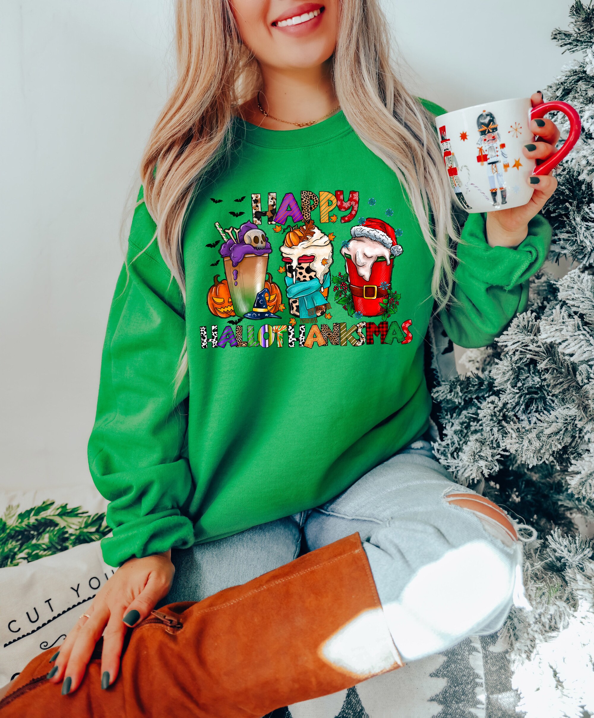 HalloThanksMas Hoodie Funny Halloween Thanksgiving Christmas Sweatshirt image 1