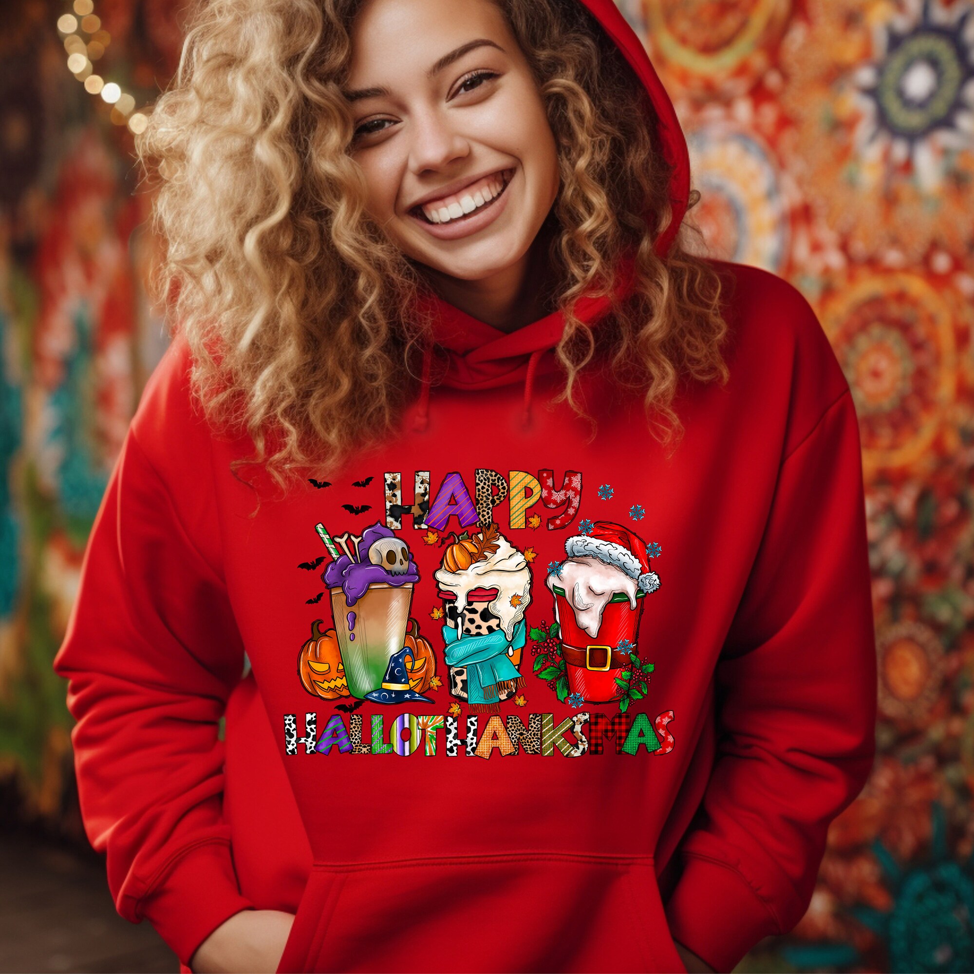 HalloThanksMas Hoodie: Funny Halloween Thanksgiving Christmas Sweatshirt image 1