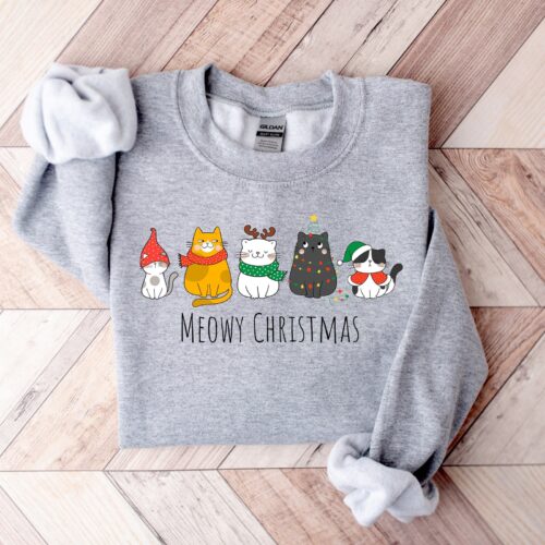 Meowy Christmas Sweatshirt | Funny Cat Lover Christmas Shirt image 0