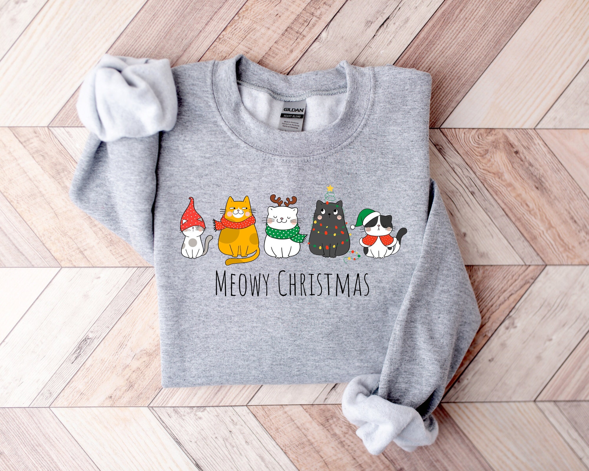 Meowy Christmas Sweatshirt | Funny Cat Lover Christmas Shirt image 0