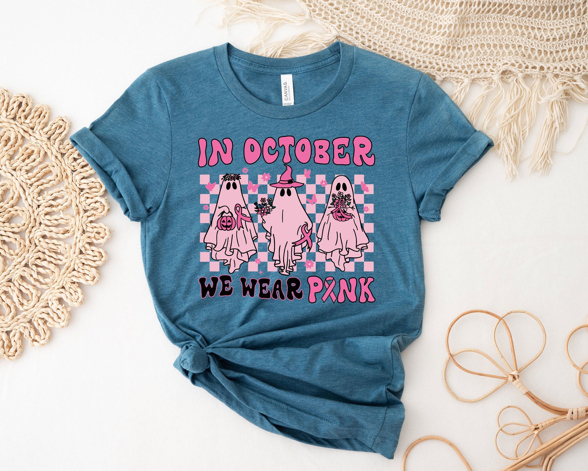 In October We Wear Pink Shirt - Breast Cancer Awareness Halloween Tee image 4