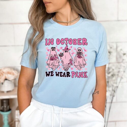 In October We Wear Pink Shirt - Breast Cancer Awareness Halloween Tee image 0