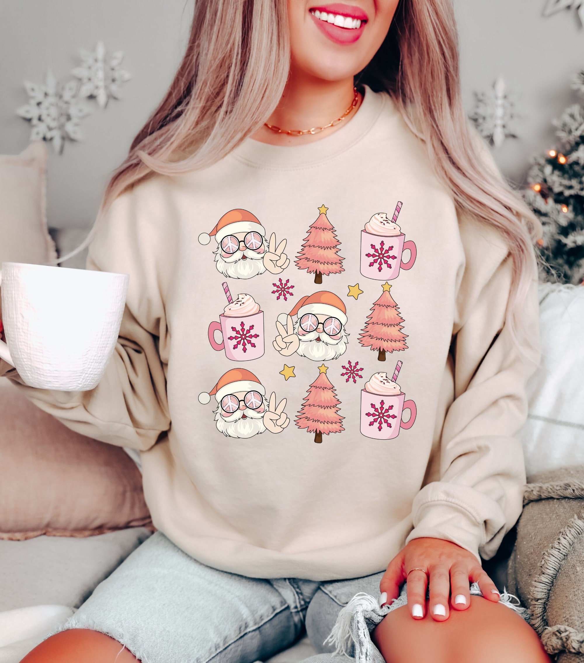 Pink Retro Santa Sweatshirt - Vintage Christmas Shirt Collection image 1