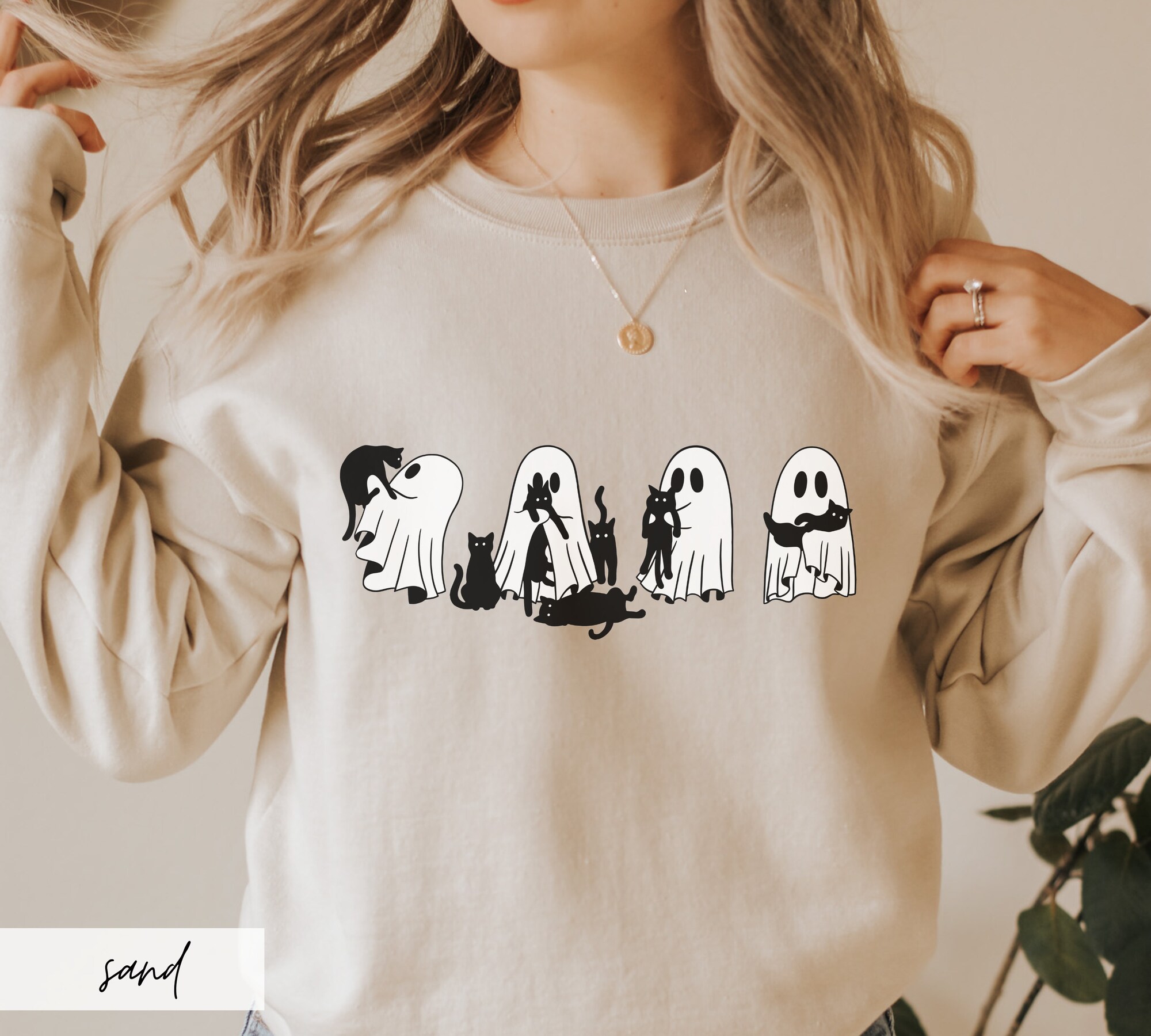 Ghosts with Cats Sweater: Cute Black Cat Lover Halloween Sweatshirt for Cat Moms image 2