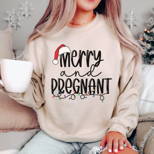 Merry & Pregnant Announcement Sweatshirt Christmas Baby Reveal image 0