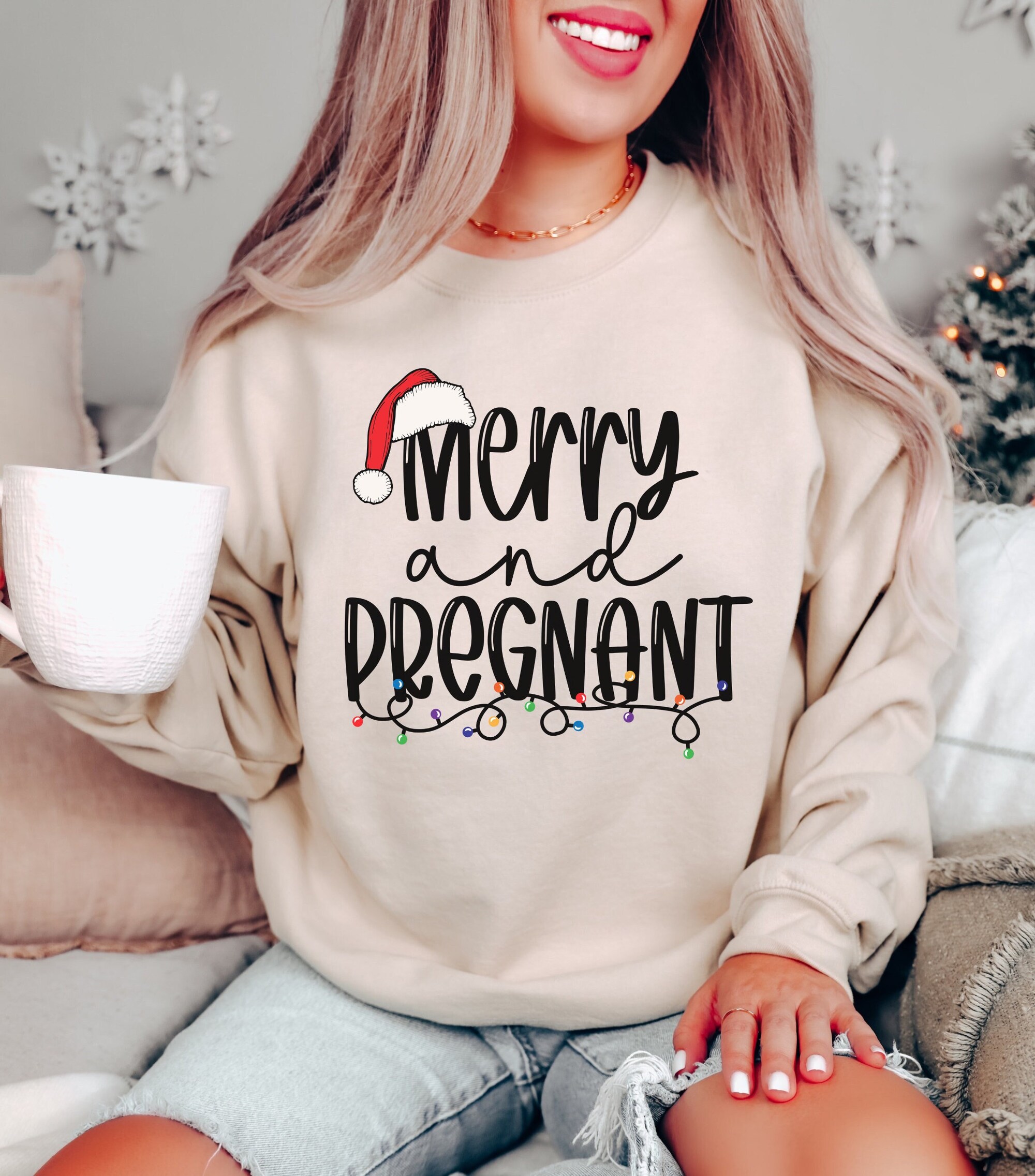 Merry & Pregnant Announcement Sweatshirt Christmas Baby Reveal image 0