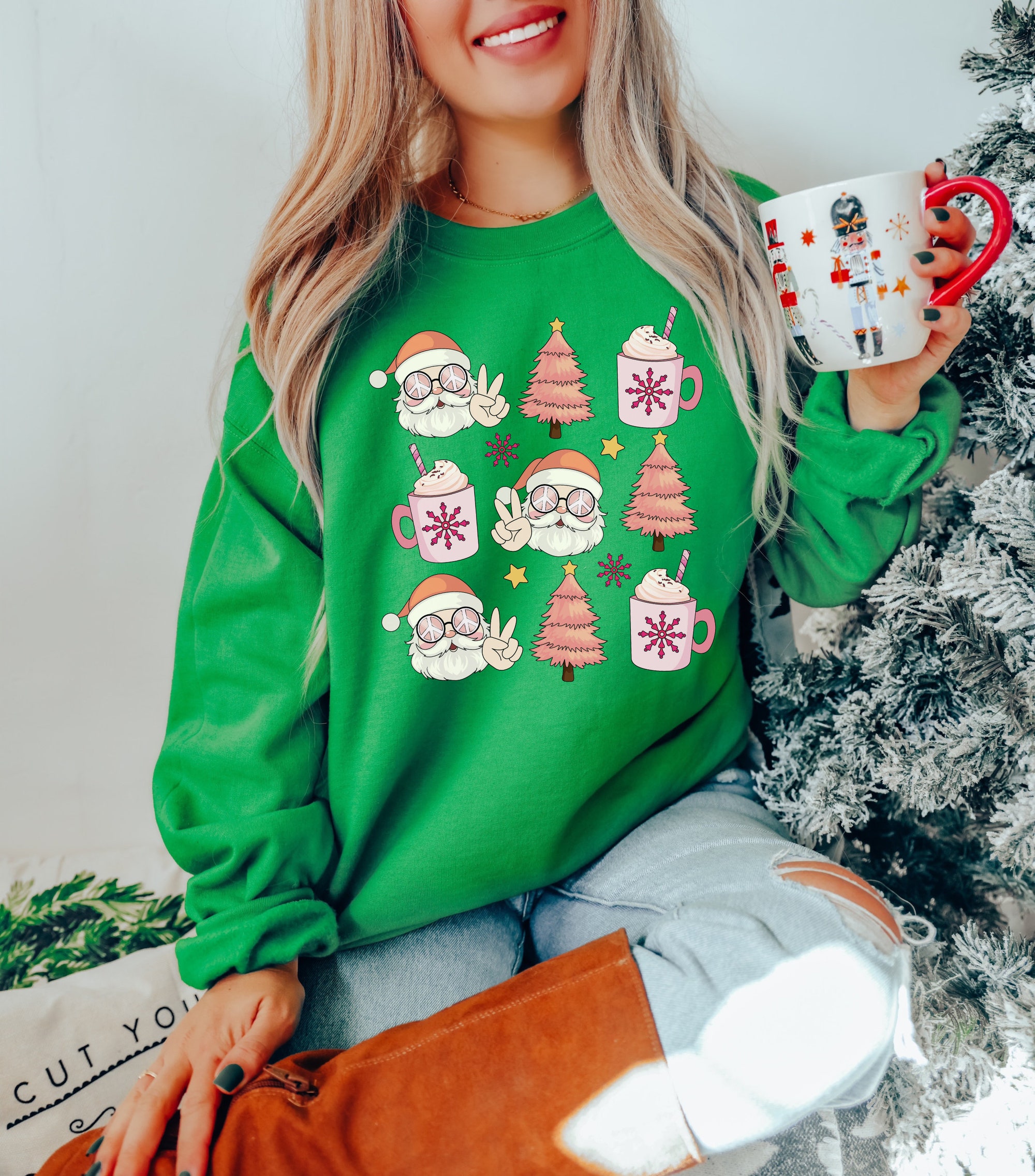 Pink Retro Santa Sweatshirt - Vintage Christmas Shirt Collection image 3