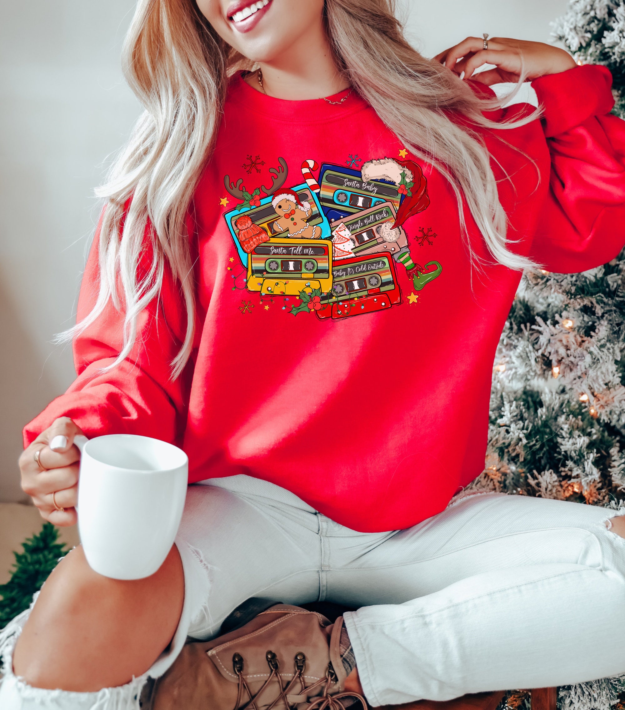 Retro Christmas Music Cassette Tapes Sweatshirt - Party & Gift Tee image 4