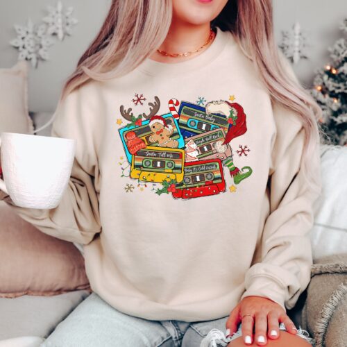 Retro Christmas Music Cassette Tapes Sweatshirt - Party & Gift Tee image 0