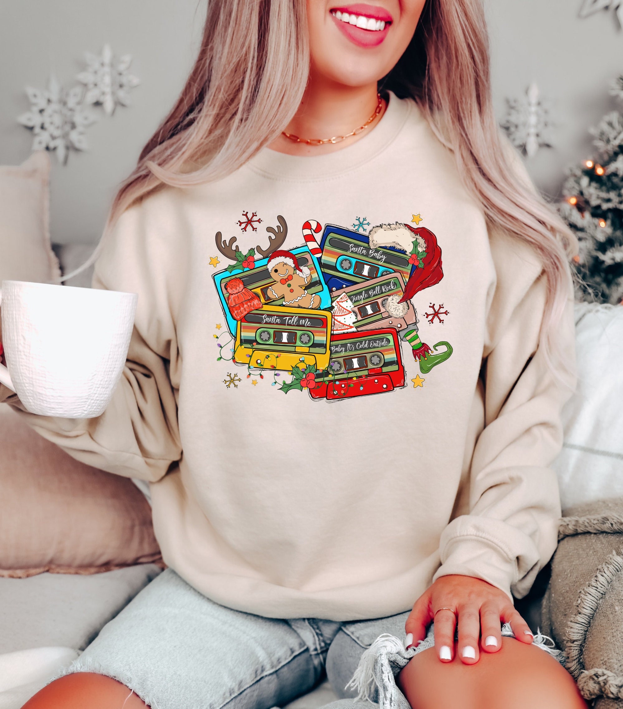 Retro Christmas Music Cassette Tapes Sweatshirt - Party & Gift Tee image 0