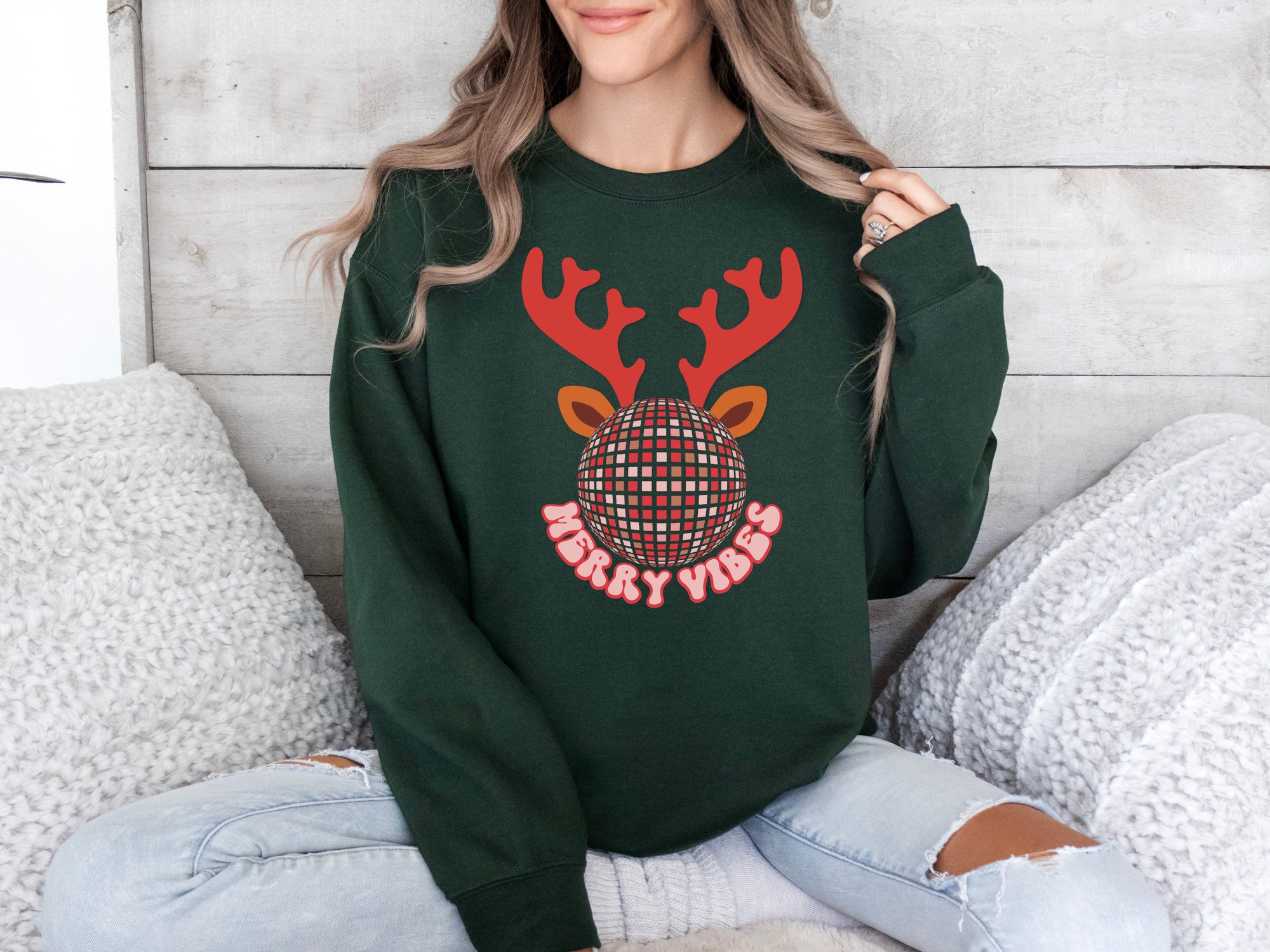 Merry Vibes Antler Sweatshirt - Preppy Retro Christmas Crewneck for Women image 3