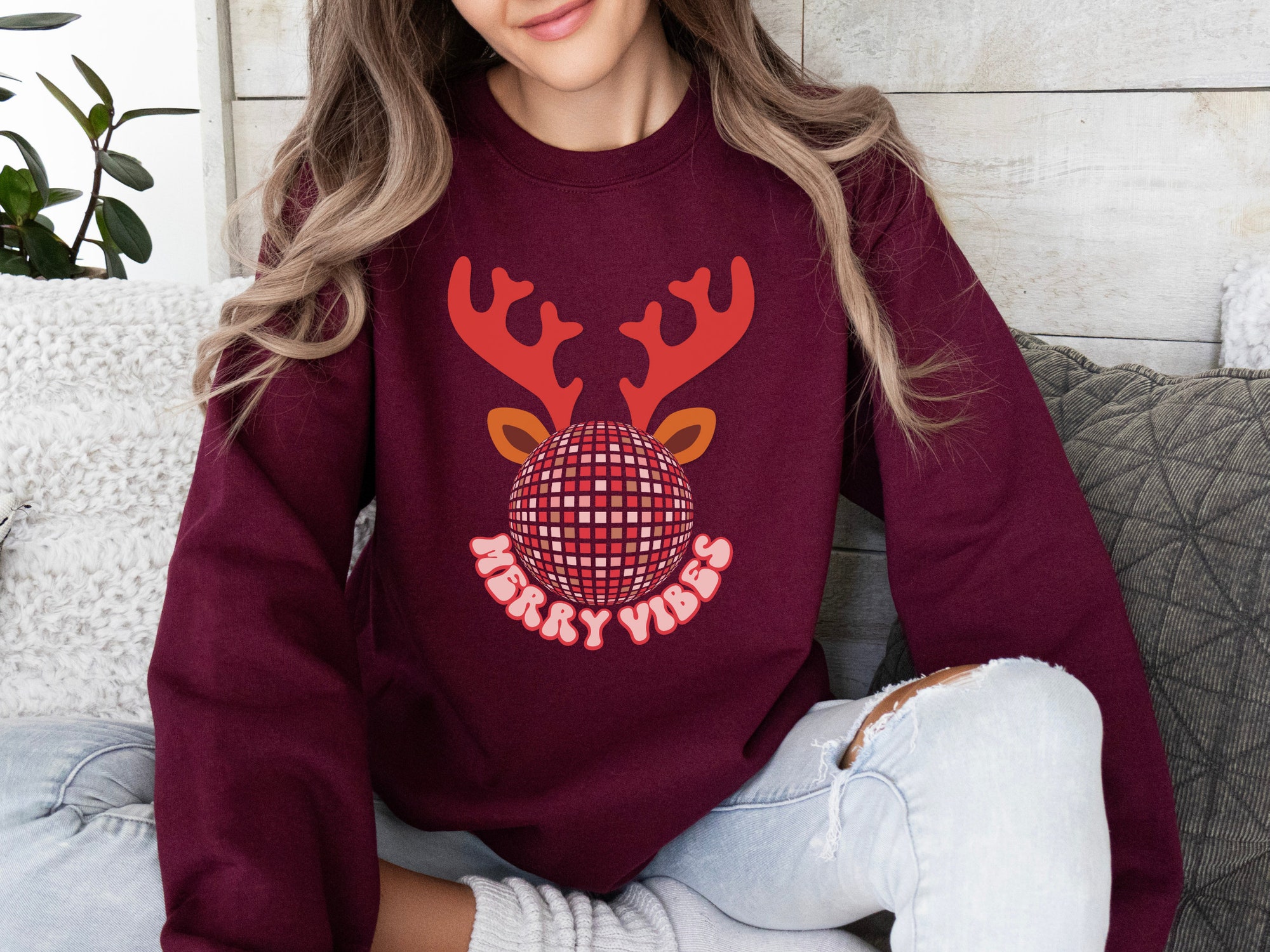 Merry Vibes Antler Sweatshirt - Preppy Retro Christmas Crewneck for Women image 5