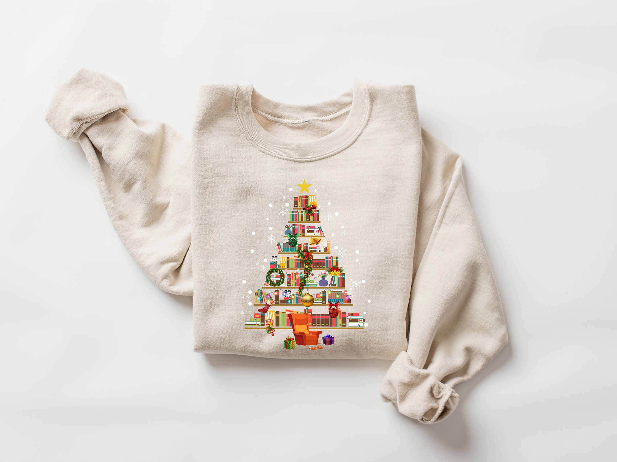 Christmas Tree Made of Books Sweatshirt | Gift For Teachers image 1