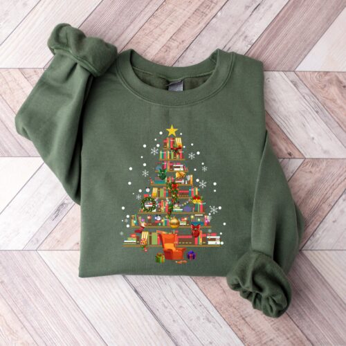 Christmas Tree Made of Books Sweatshirt | Gift For Teachers image 0