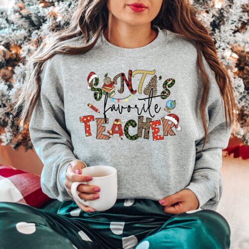 Santa's Favorite Teacher Sweatshirt Teacher Christmas T-shirt Funny Teacher Team Gift image 0