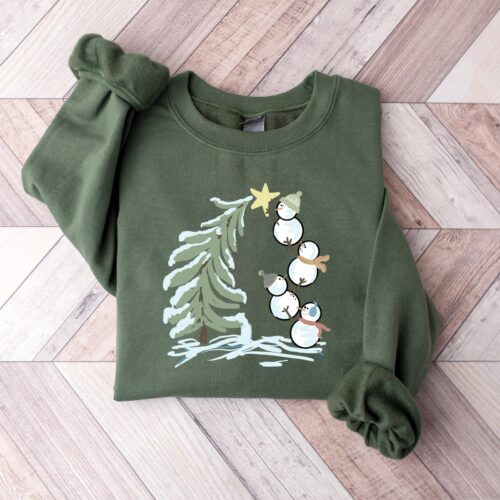 Snowman Stacking Christmas Tree Shirt | Cute Holiday Tee image 0