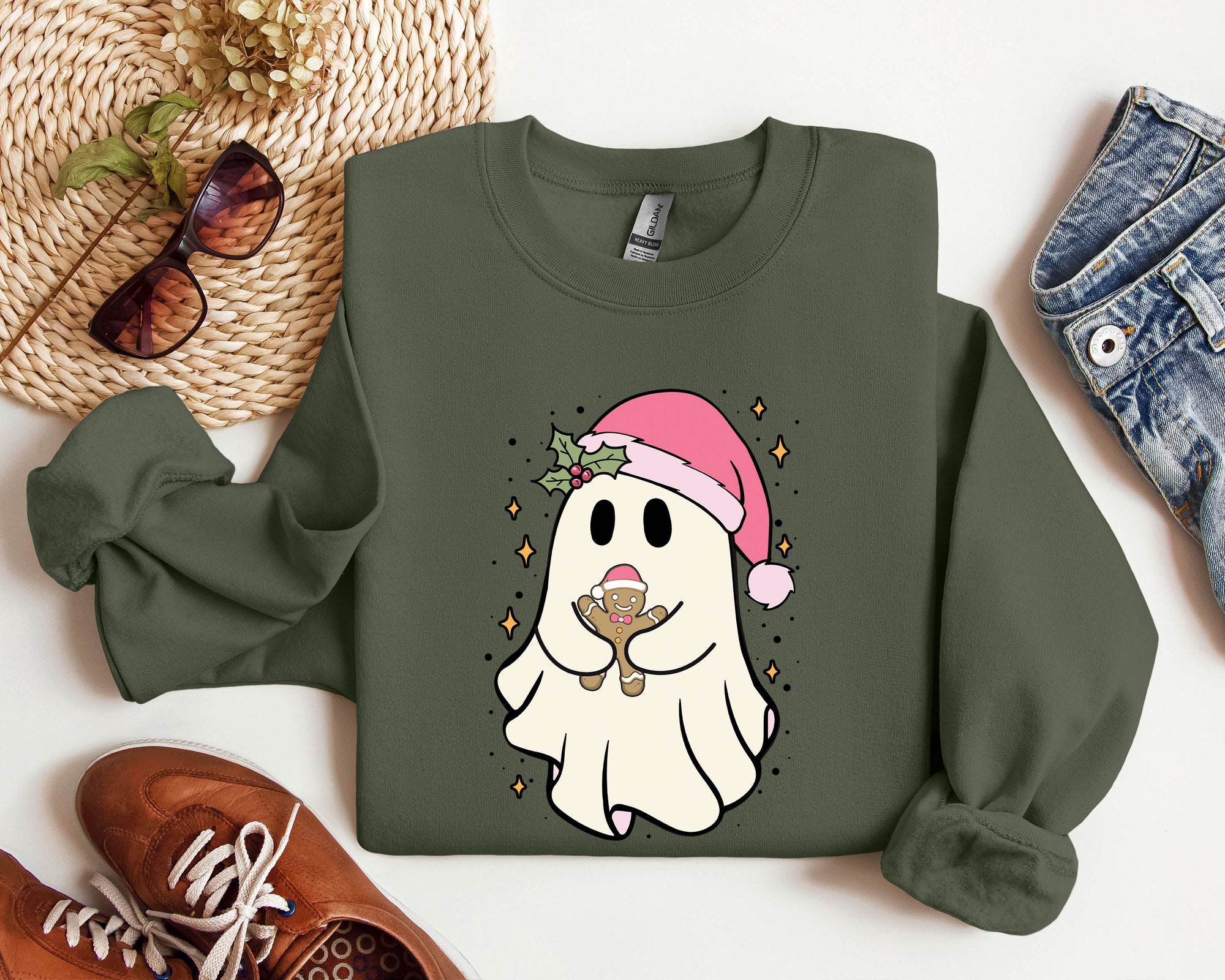 Christmas Cute Cookie Ghost Sweatshirt: Funny Gingerbread Ghost Shirt image 2