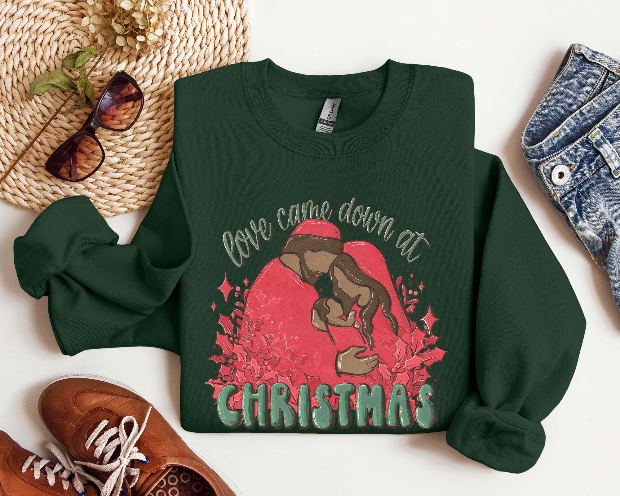 Christmas Sweatshirt | Love Came Down Nativity Gift Jesus Shirt image 2