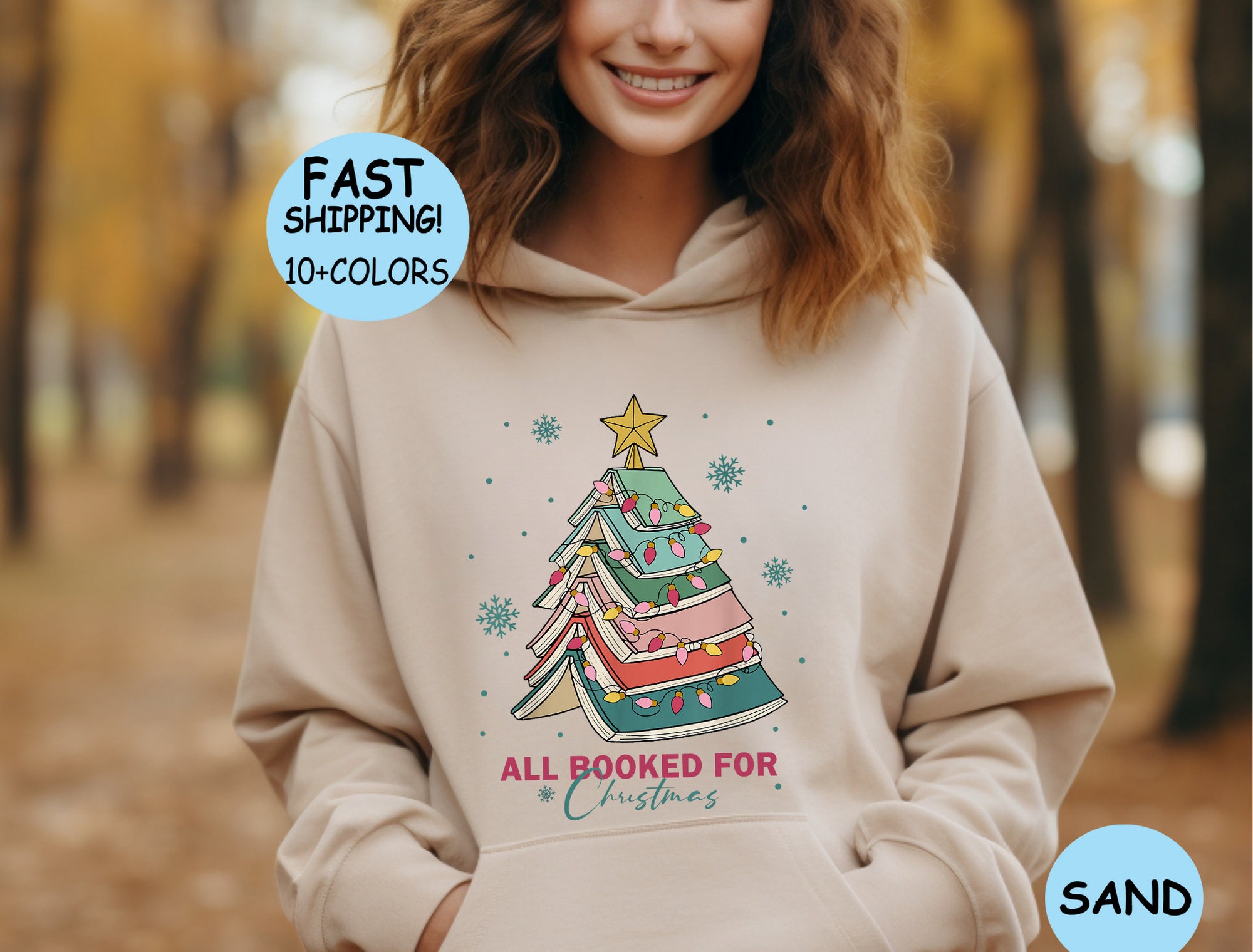 All Booked For Christmas Shirt Librarian Gift Bookworm Sweater Funny Book Tree Hoodie image 8