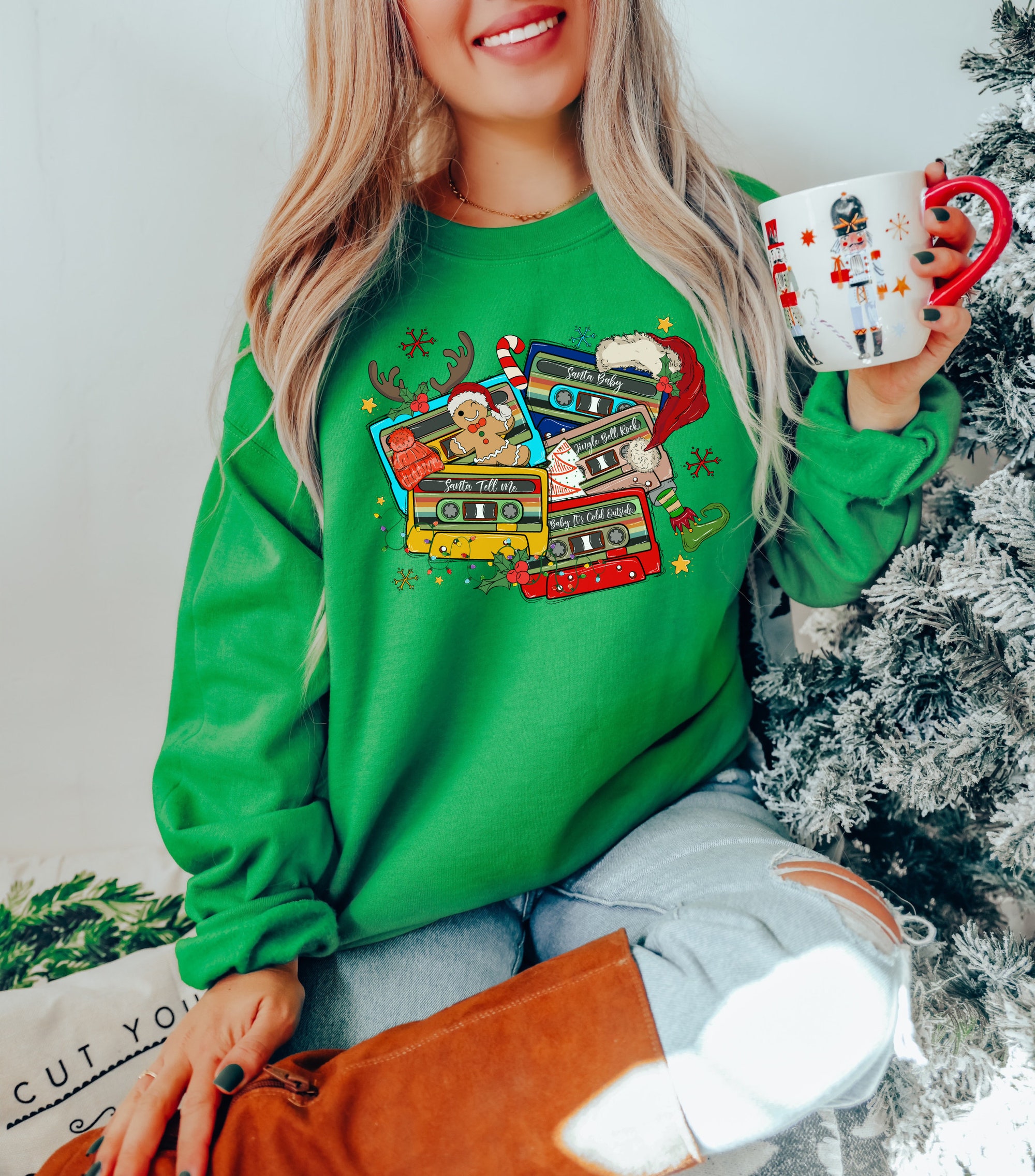 Retro Christmas Music Cassette Tapes Sweatshirt - Party & Gift Tee image 3