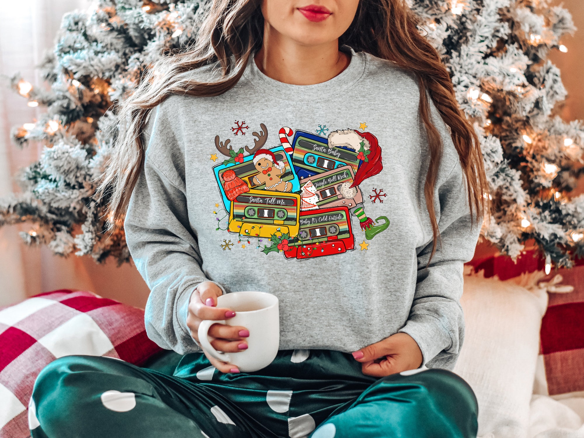 Retro Christmas Music Cassette Tapes Sweatshirt - Party & Gift Tee image 1