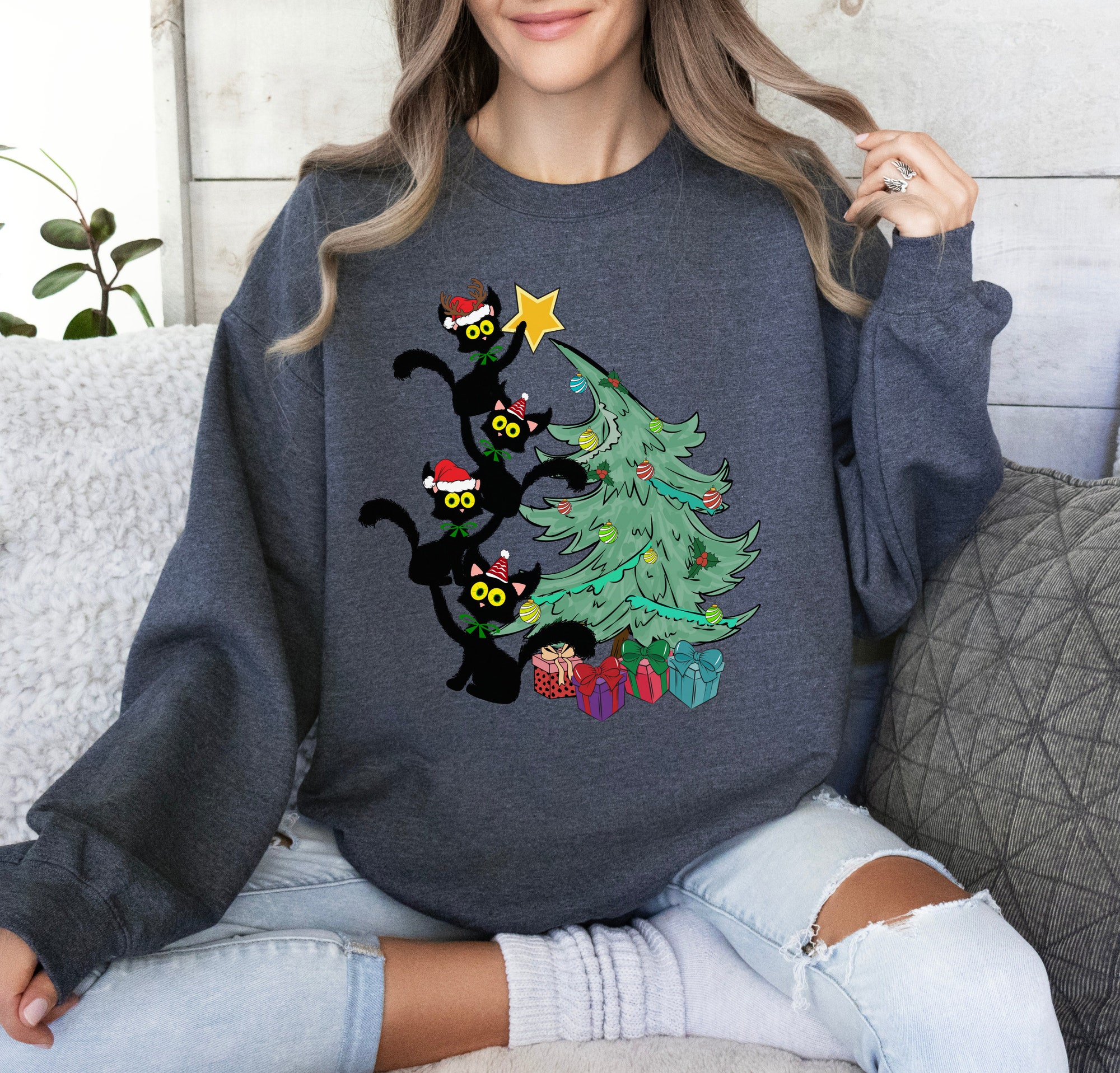 "Christmas Cats Sweatshirt - Black Cat Lover Shirt Tree Holiday Gift" image 4