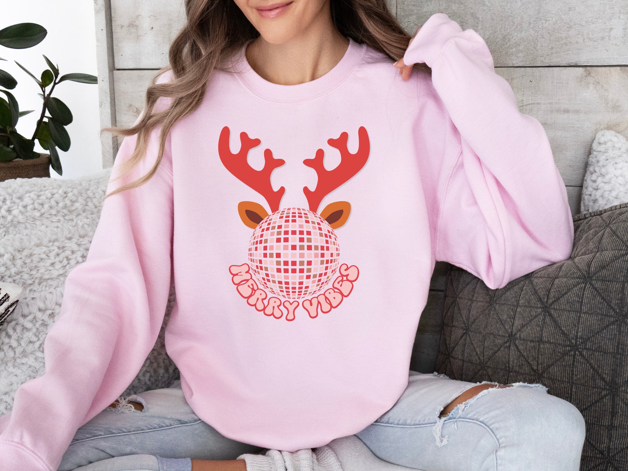 Merry Vibes Antler Sweatshirt - Preppy Retro Christmas Crewneck for Women image 1