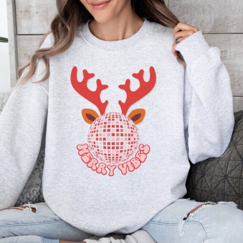 Merry Vibes Antler Sweatshirt - Preppy Retro Christmas Crewneck for Women image 0