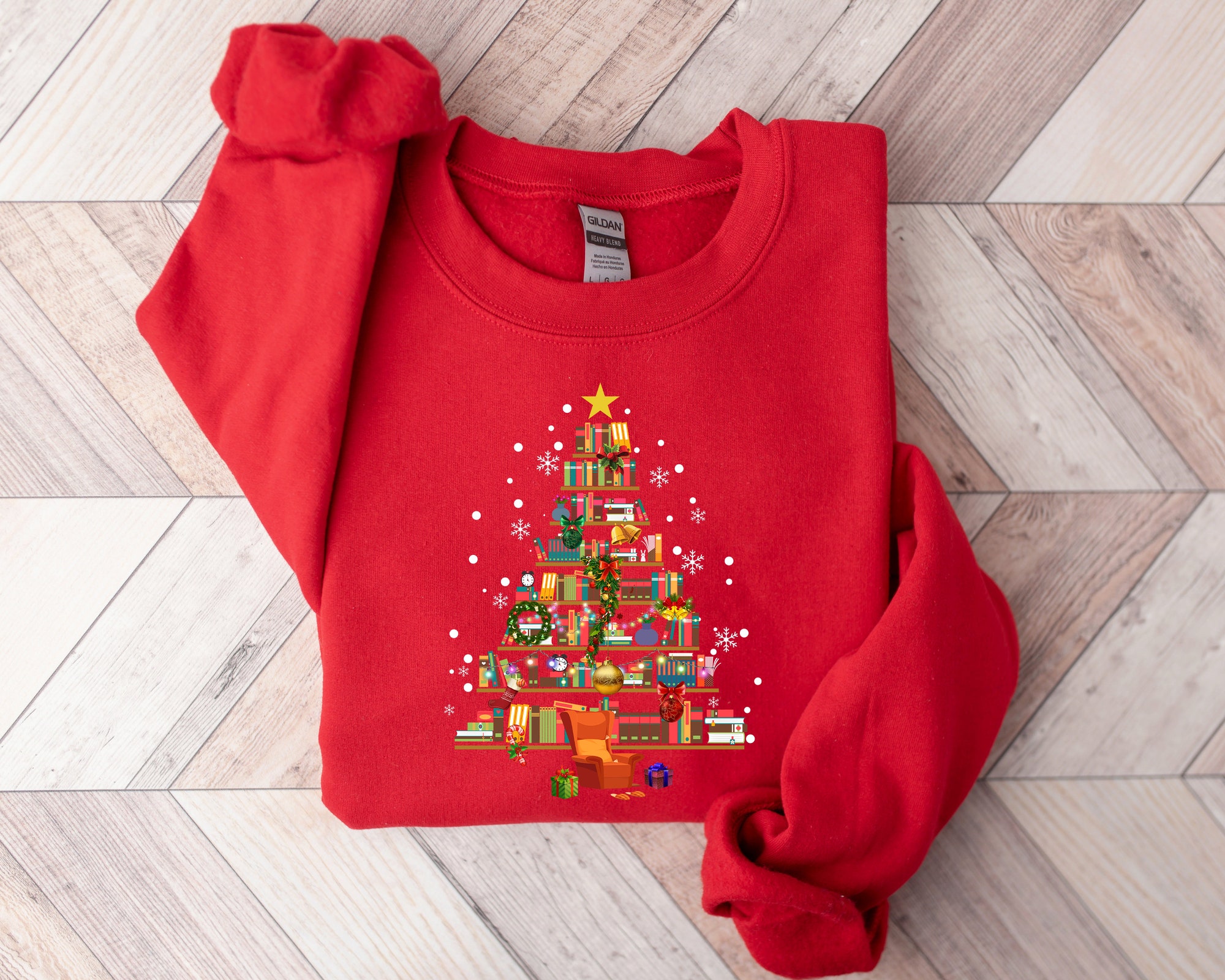 Christmas Tree Made of Books Sweatshirt | Gift For Teachers image 2