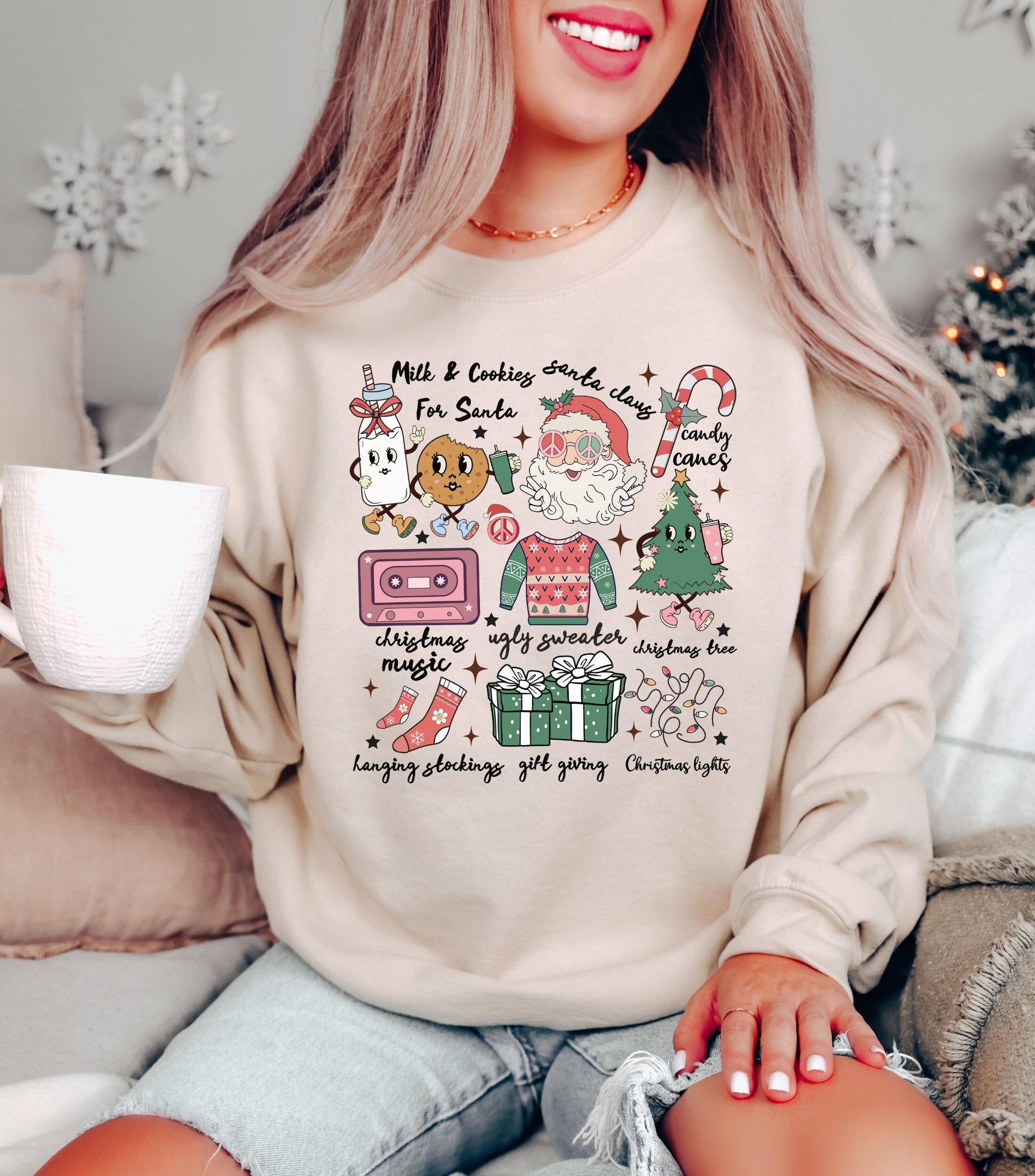 Retro Christmas Doodles Sweatshirt - Cute Holiday Apparel image 0