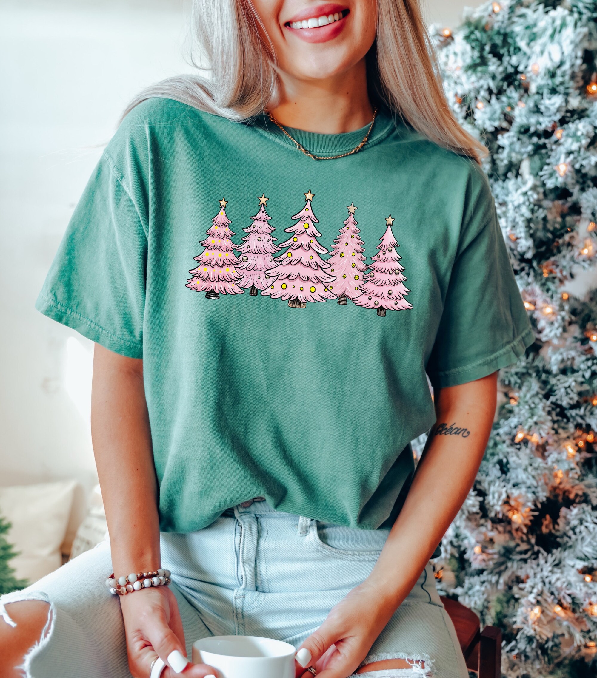 Pink Tree Christmas Crewneck: Women's Holiday & Winter Xmas Tee image 1