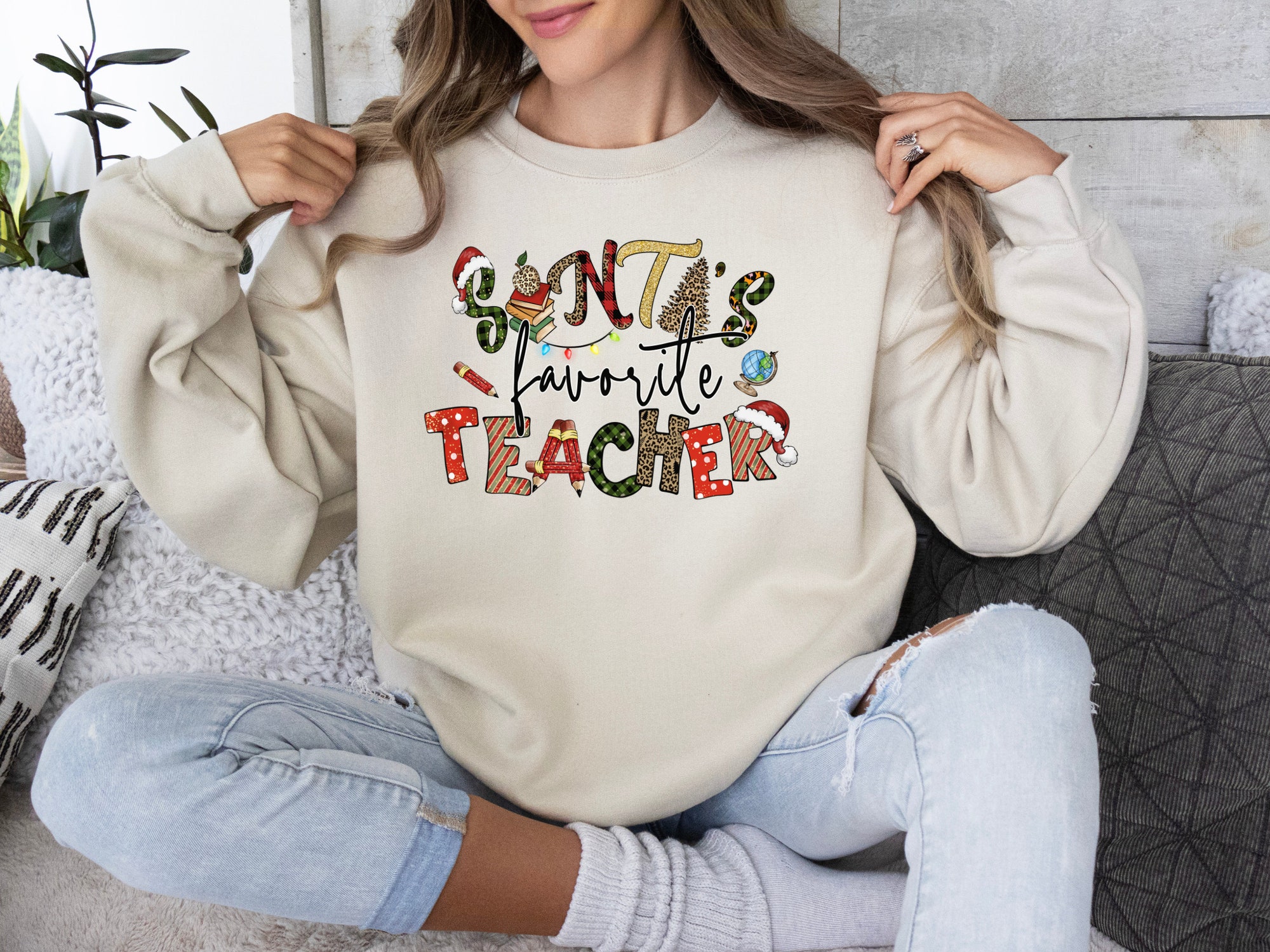 Santa's Favorite Teacher Sweatshirt Teacher Christmas T-shirt Funny Teacher Team Gift image 2