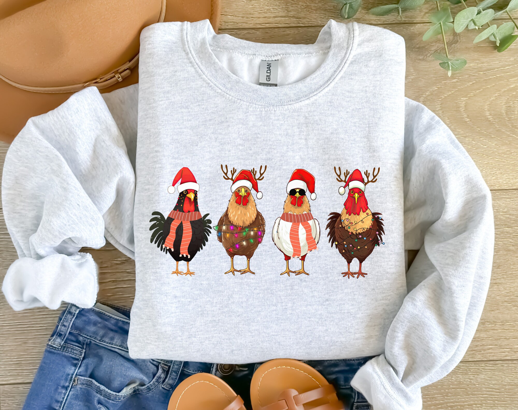 Christmas Chickens Crewneck: Santa Hat Farm Animals Holiday Tee image 2