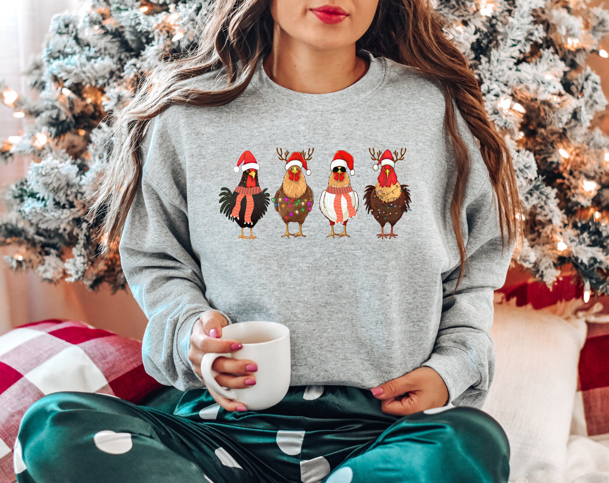 Christmas Chickens Crewneck: Santa Hat Farm Animals Holiday Tee image 1