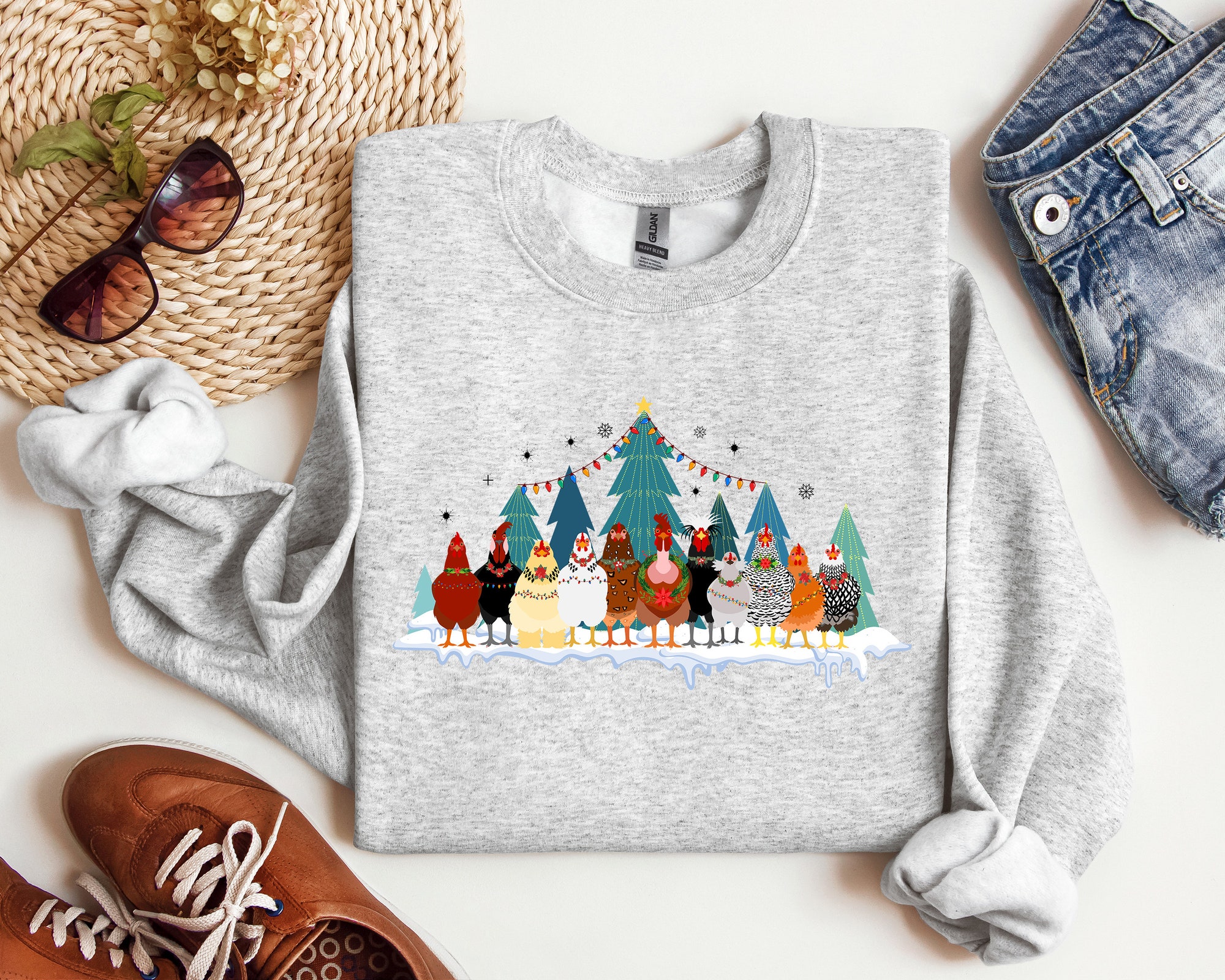 Christmas Chicken Sweatshirt - Farm Animal Holiday Tee image 5