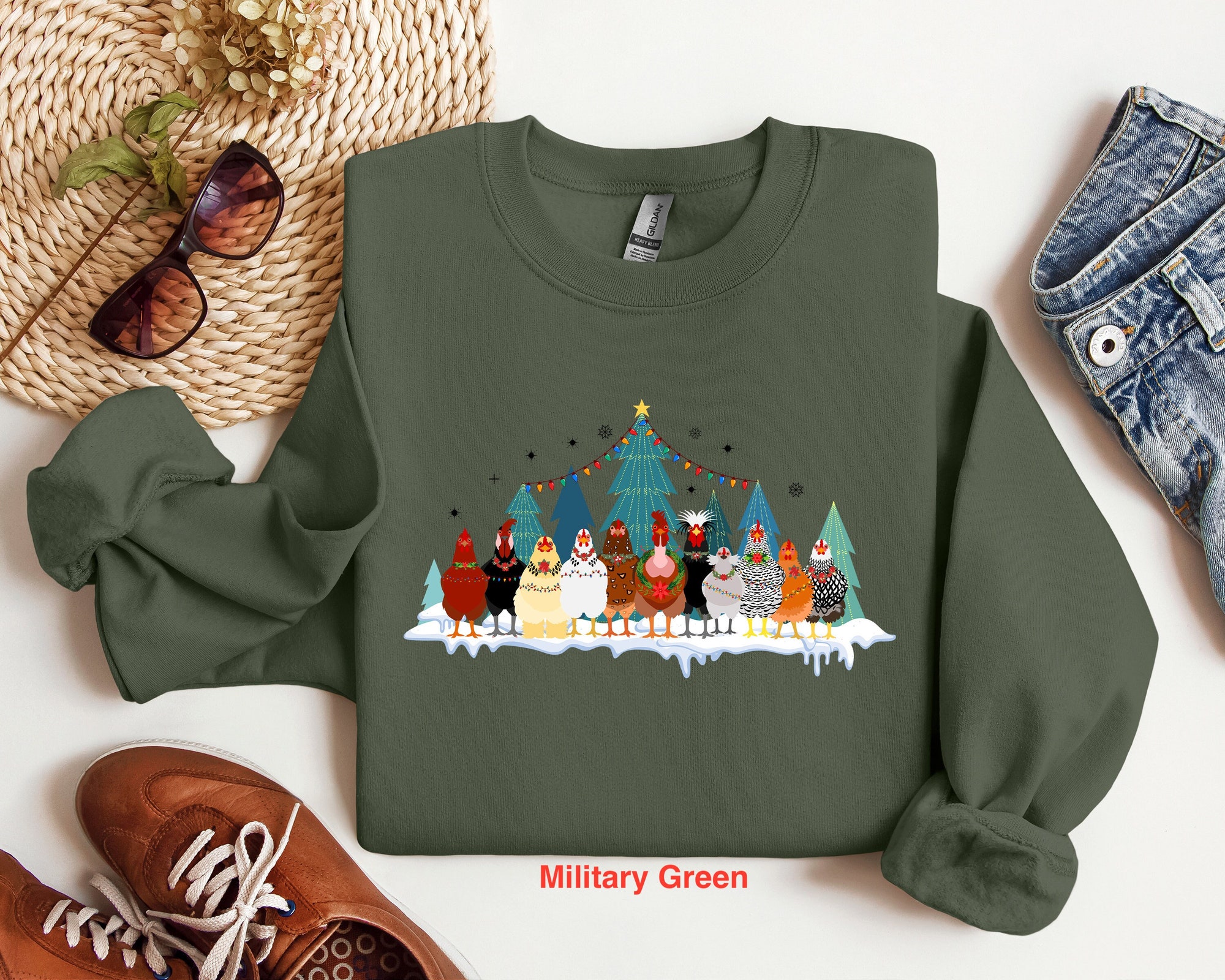 Christmas Chicken Sweatshirt - Farm Animal Holiday Tee image 2