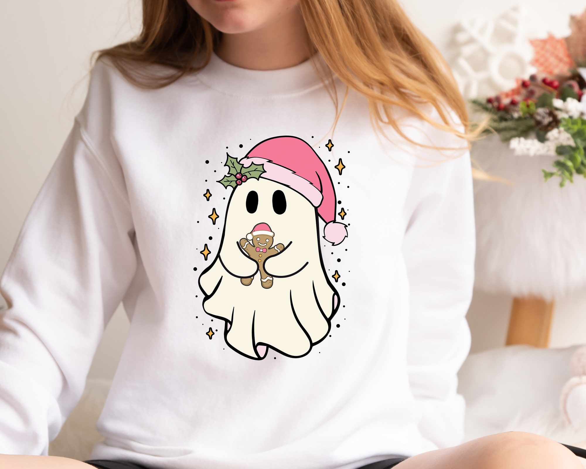 Christmas Cute Cookie Ghost Sweatshirt: Funny Gingerbread Ghost Shirt image 1