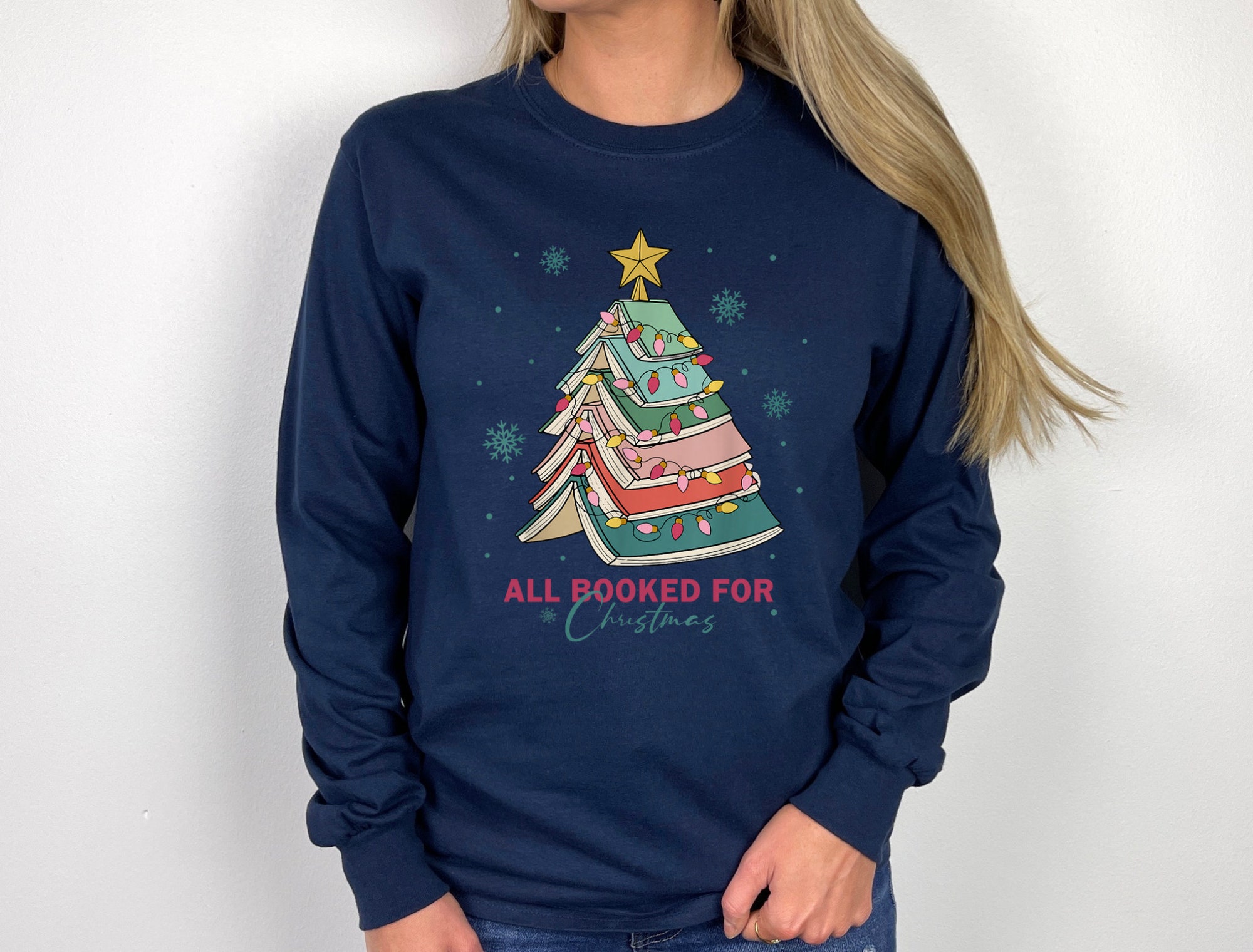 All Booked For Christmas Shirt Librarian Gift Bookworm Sweater Funny Book Tree Hoodie image 7