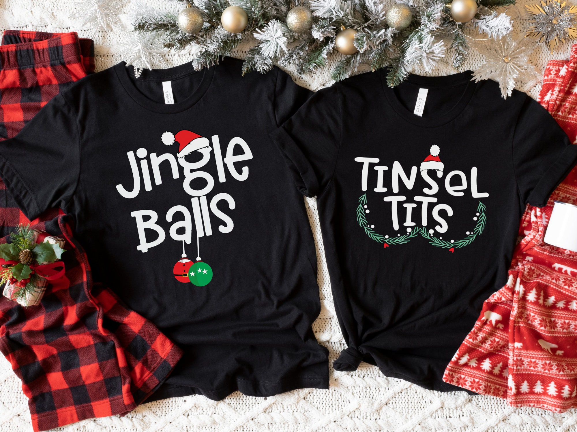 Jingle Balls Tinsel Tits Matching Christmas Shirts - Funny Couples' Style image 0
