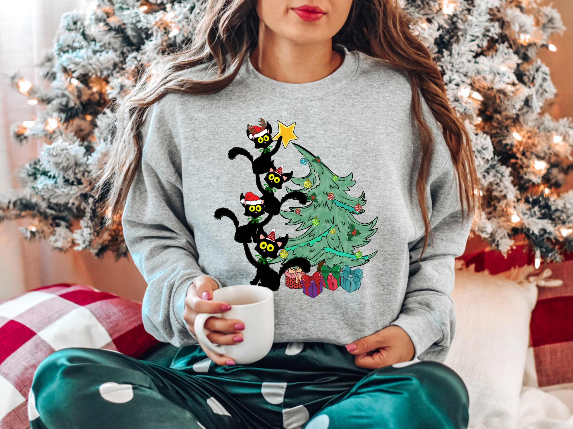 "Christmas Cats Sweatshirt - Black Cat Lover Shirt Tree Holiday Gift" image 2