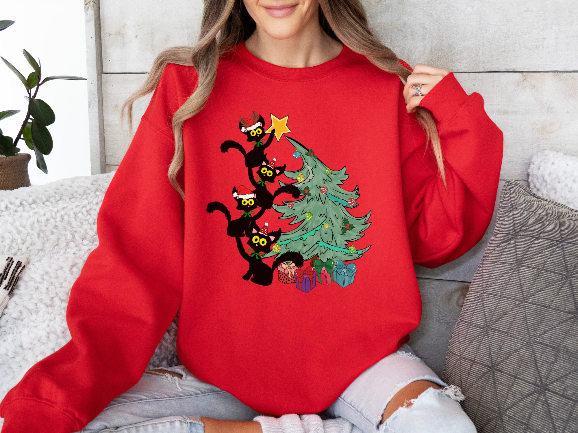 "Christmas Cats Sweatshirt - Black Cat Lover Shirt Tree Holiday Gift" image 5