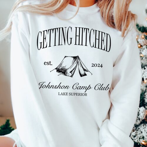 Camp Bachelorette Sweatshirt, Getting Hitched Getting Lit, Personalized Custom Name, Bridal Party Gift, Trendy Hiking Bach, Mountain Camping image 0