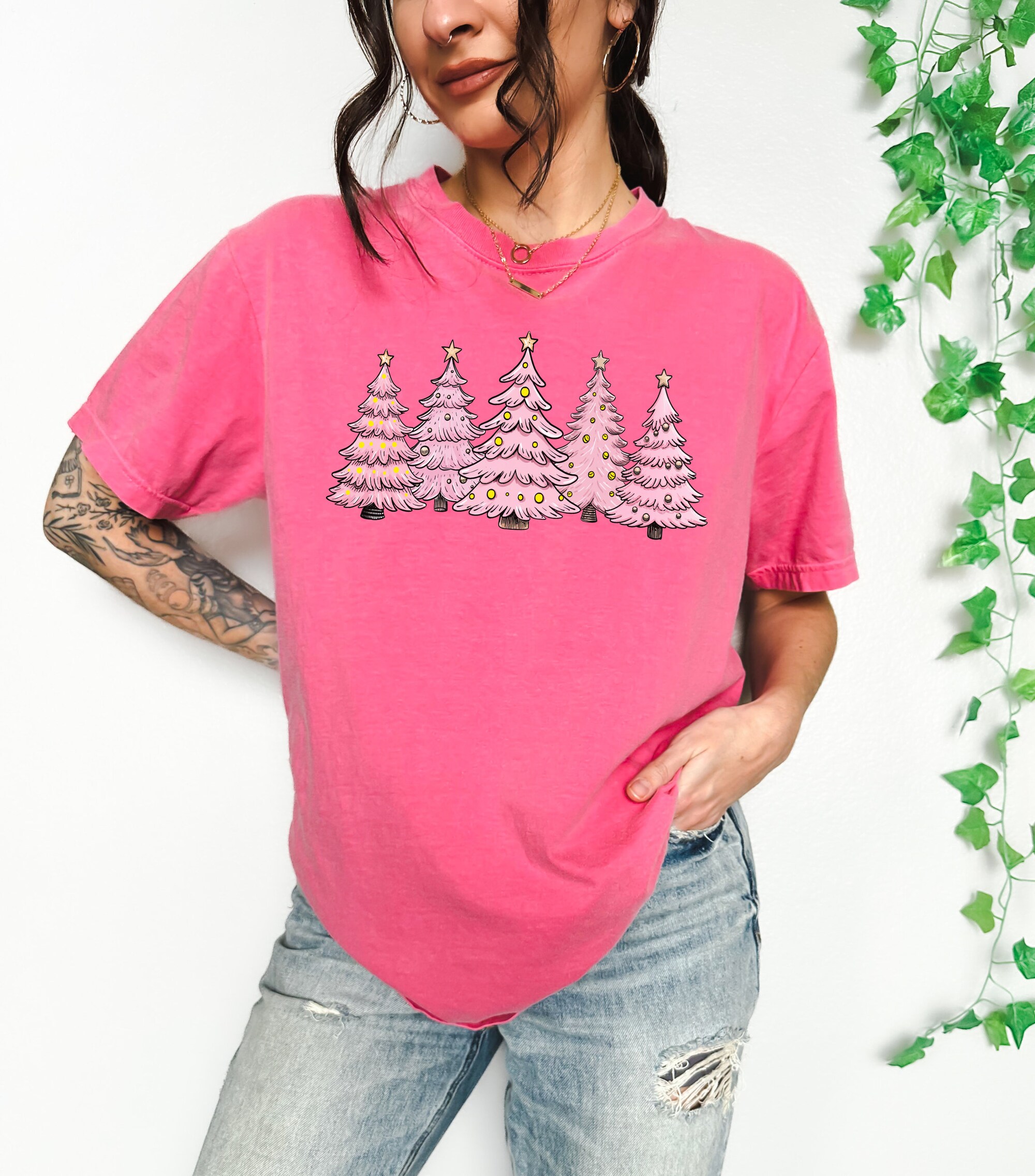 Pink Tree Christmas Crewneck: Women's Holiday & Winter Xmas Tee image 2