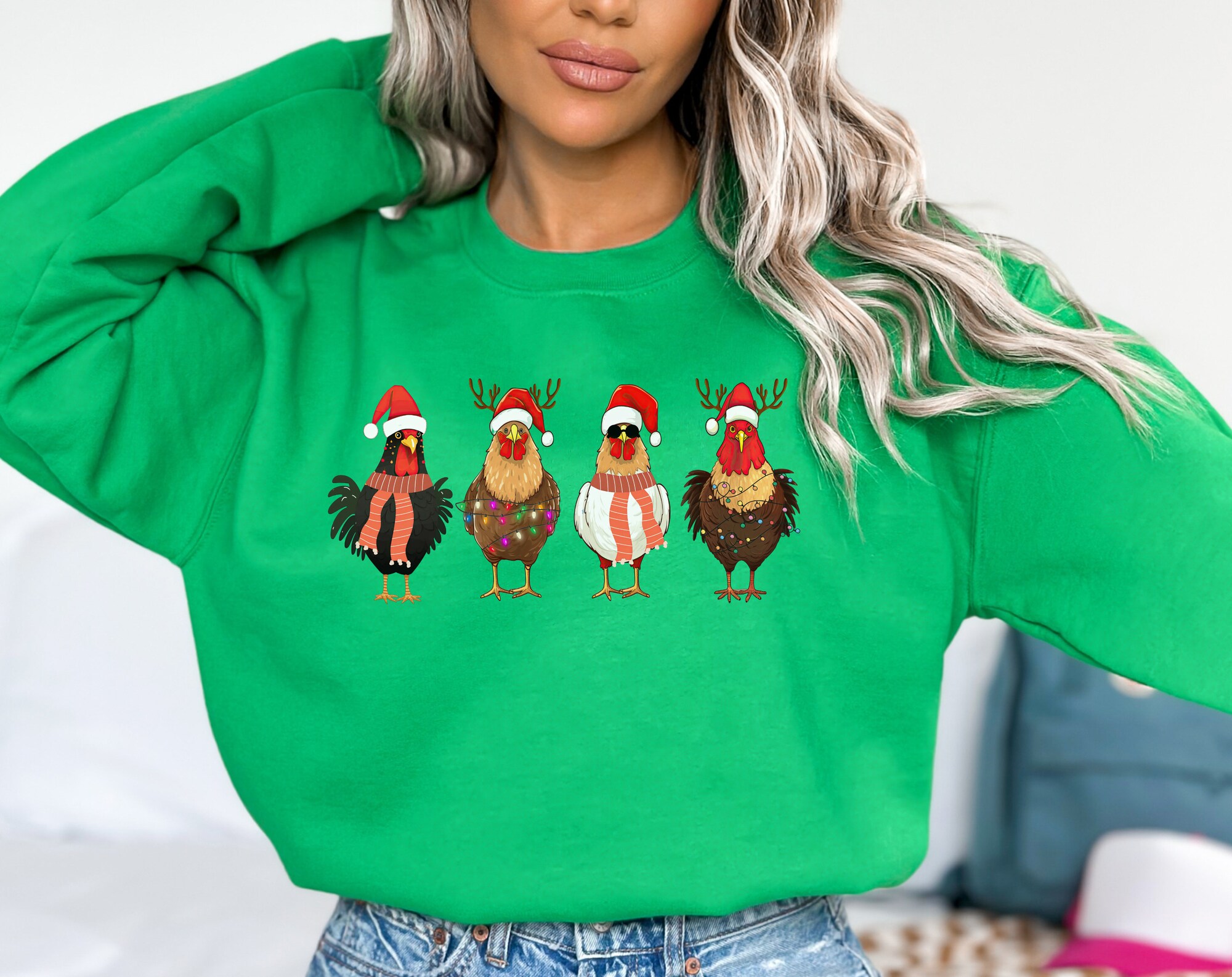 Christmas Chickens Crewneck: Santa Hat Farm Animals Holiday Tee image 3