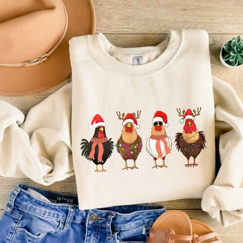 Christmas Chickens Crewneck: Santa Hat Farm Animals Holiday Tee image 0